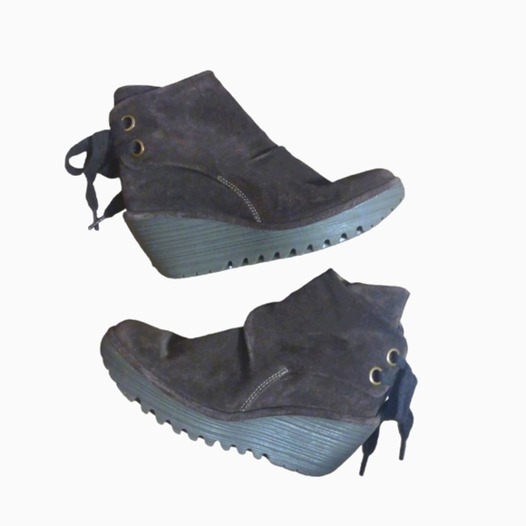 Fly London Yama Platform Wedge Ankle Boots Brown Suede Lace Up Bootie size 7.5-8 - Picture 1 of 11